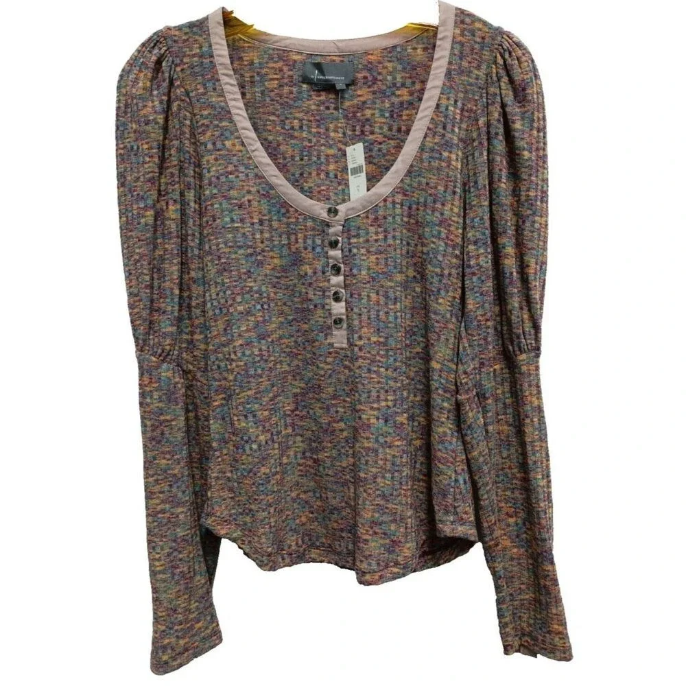 Anthropologie Henley Top Womens Small BOHO Puff Sleeve Ribbed‎ Casual NWT
